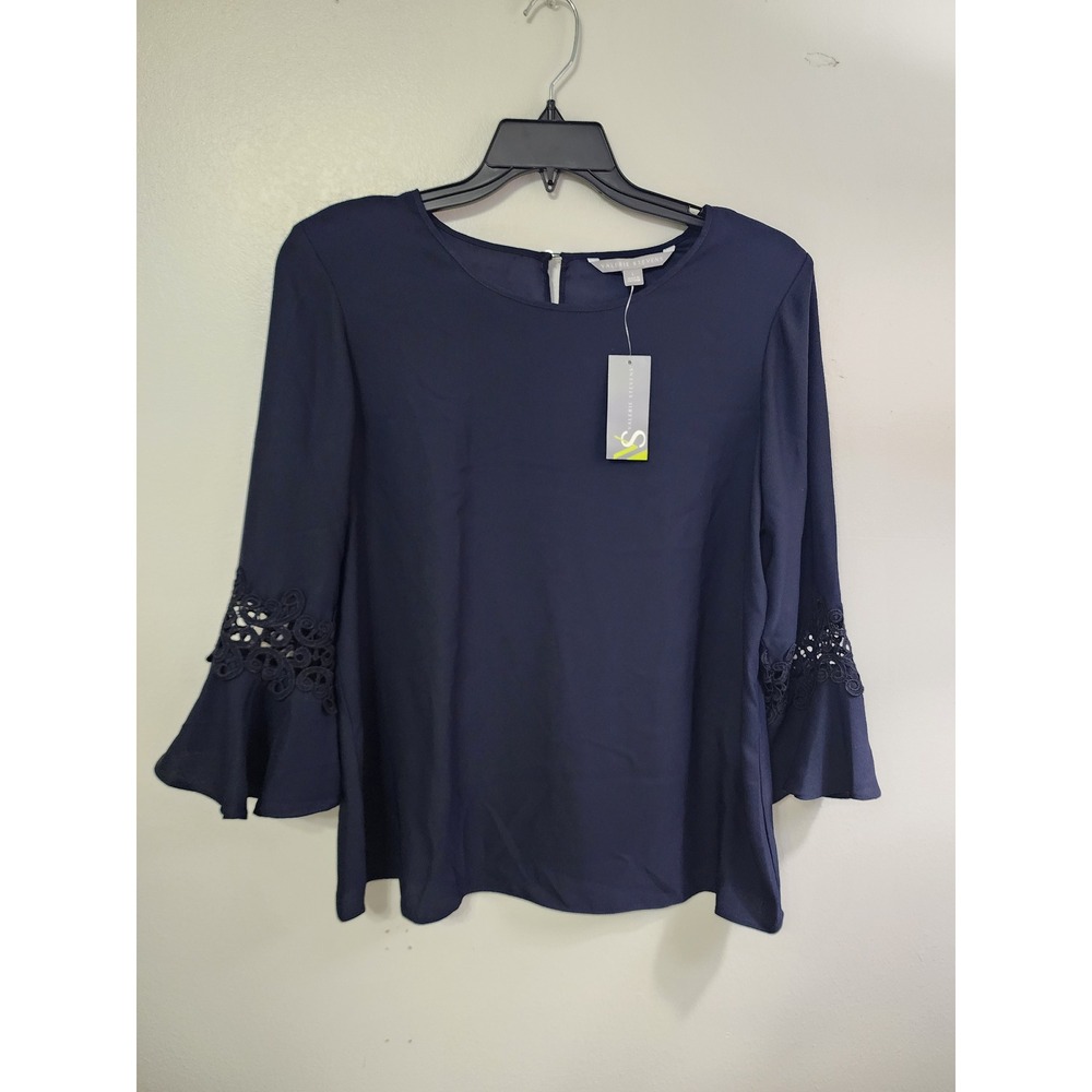 Valerie Stevens Bell Sleeve Blouse Crochet Trim Navy Blue Top Size L